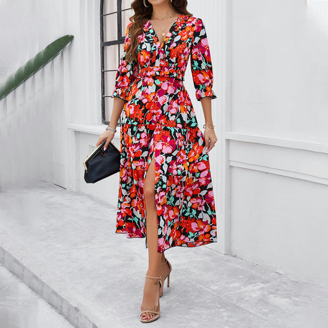 Women's Summer Maxi Dress Casual Boho Floral V Neck 3/4 Sleeve Ruffle Split Flowy Long Beach Dresses