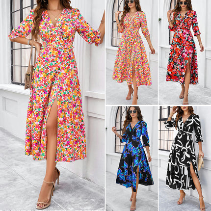 Women's Summer Maxi Dress Casual Boho Floral V Neck 3/4 Sleeve Ruffle Split Flowy Long Beach Dresses