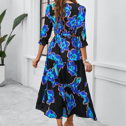 Women's Summer Maxi Dress Casual Boho Floral V Neck 3/4 Sleeve Ruffle Split Flowy Long Beach Dresses