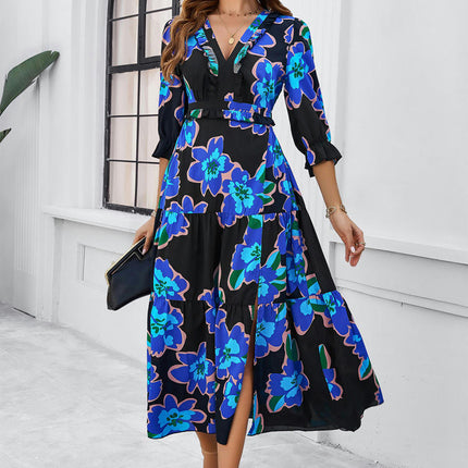 Women's Summer Maxi Dress Casual Boho Floral V Neck 3/4 Sleeve Ruffle Split Flowy Long Beach Dresses