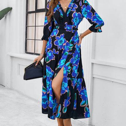 Women's Summer Maxi Dress Casual Boho Floral V Neck 3/4 Sleeve Ruffle Split Flowy Long Beach Dresses