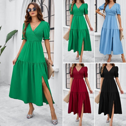 Women Summer Puff Short Sleeve Ruffles Tiered Smocked Dresses V Neck Long Dresses