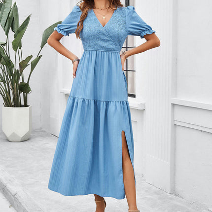 Women Summer Puff Short Sleeve Ruffles Tiered Smocked Dresses V Neck Long Dresses