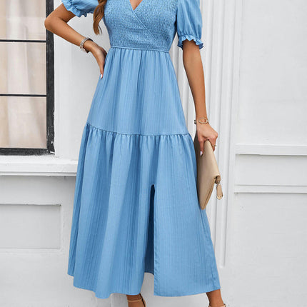 Women Summer Puff Short Sleeve Ruffles Tiered Smocked Dresses V Neck Long Dresses