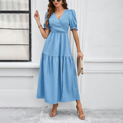 Women Summer Puff Short Sleeve Ruffles Tiered Smocked Dresses V Neck Long Dresses