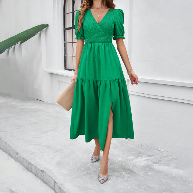 Women Summer Puff Short Sleeve Ruffles Tiered Smocked Dresses V Neck Long Dresses