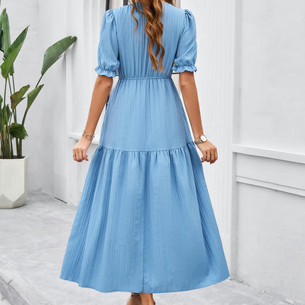 Women Summer Puff Short Sleeve Ruffles Tiered Smocked Dresses V Neck Long Dresses