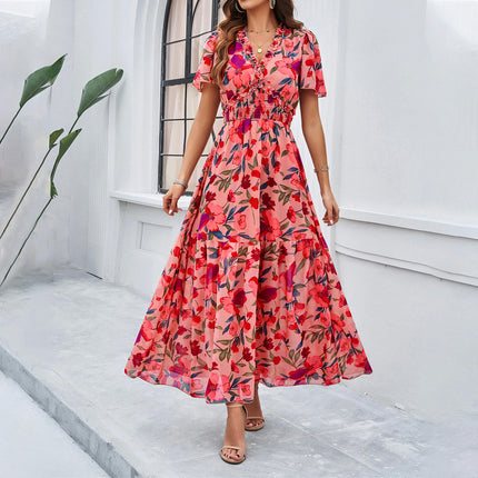 Womens Summer Short Sleeve V Neck Smocked Waist Boho Floral Ruffle Maxi Dress