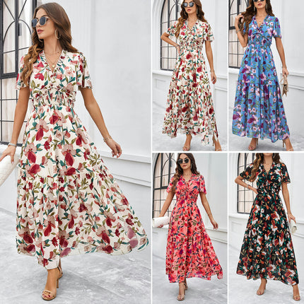 Womens Summer Short Sleeve V Neck Smocked Waist Boho Floral Ruffle Maxi Dress