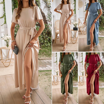 Womens Summer Satin Short Sleeve Crew Neck Tie Waist Split A Line Flowy Maxi Dress