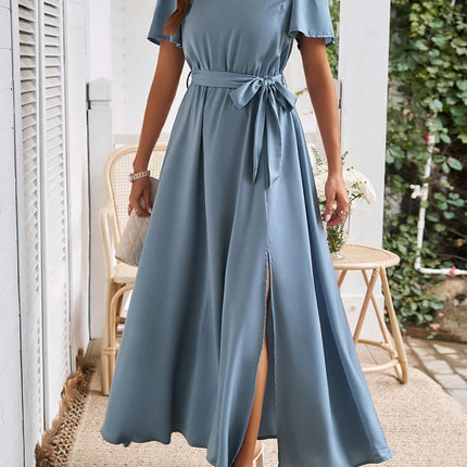 Womens Summer Satin Short Sleeve Crew Neck Tie Waist Split A Line Flowy Maxi Dress