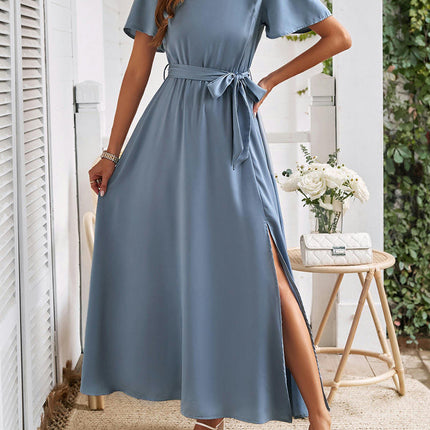 Womens Summer Satin Short Sleeve Crew Neck Tie Waist Split A Line Flowy Maxi Dress