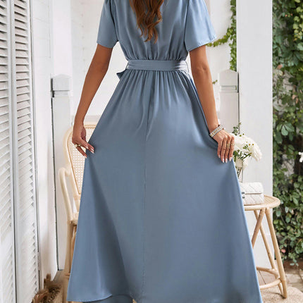 Womens Summer Satin Short Sleeve Crew Neck Tie Waist Split A Line Flowy Maxi Dress