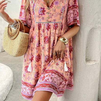 Women's Babydoll Dress Summer Casual Flowy Swing Short Sleeve V Neck Mini Dress