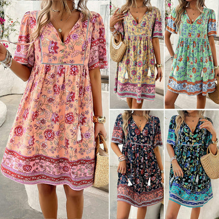 Women's Babydoll Dress Summer Casual Flowy Swing Short Sleeve V Neck Mini Dress