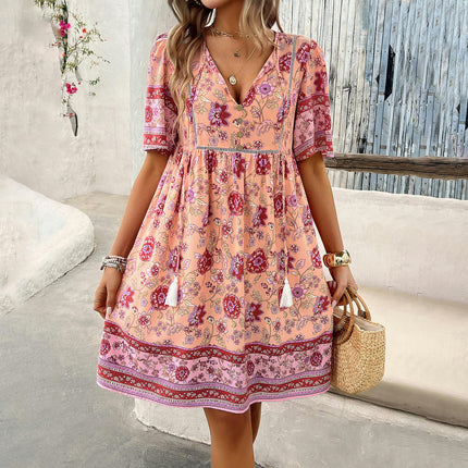 Women's Babydoll Dress Summer Casual Flowy Swing Short Sleeve V Neck Mini Dress