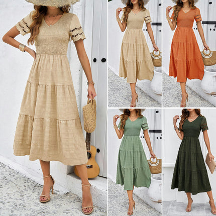 Women's Summer Flowy Maxi Dress Casual Short Sleeve V Neck Smocked Beach Sundress