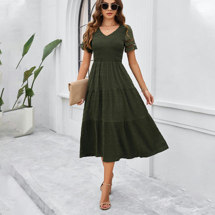 Women's Summer Flowy Maxi Dress Casual Short Sleeve V Neck Smocked Beach Sundress