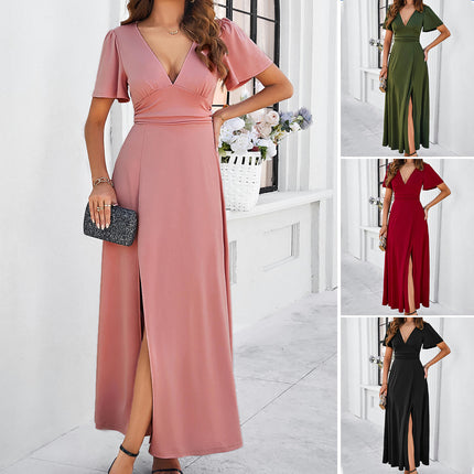 Women's Summer Deep V Neck Short Sleeve Maxi Dress Casual Split Flowy Long Dress