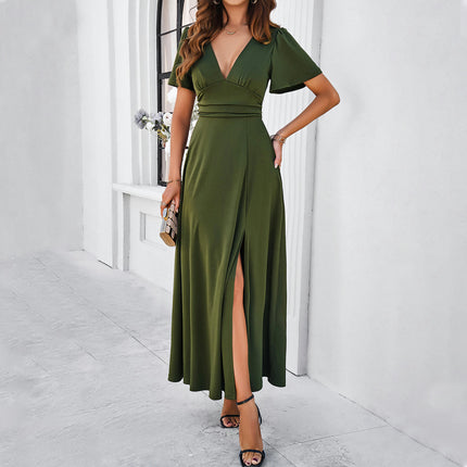 Women's Summer Deep V Neck Short Sleeve Maxi Dress Casual Split Flowy Long Dress