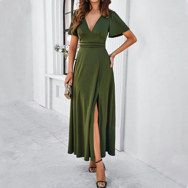 Women's Summer Deep V Neck Short Sleeve Maxi Dress Casual Split Flowy Long Dress