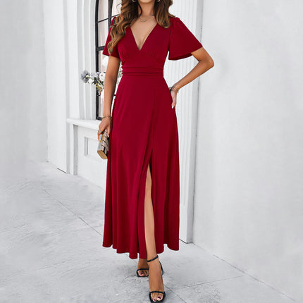 Women's Summer Deep V Neck Short Sleeve Maxi Dress Casual Split Flowy Long Dress