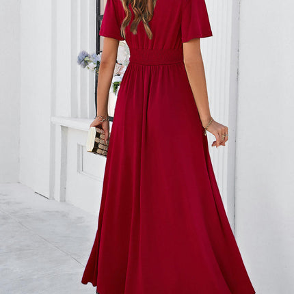 Women's Summer Deep V Neck Short Sleeve Maxi Dress Casual Split Flowy Long Dress