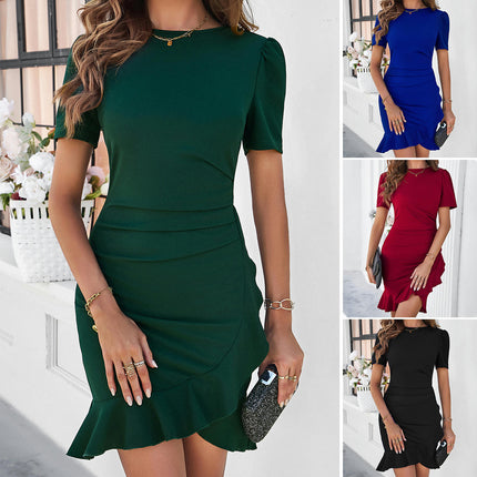 Women Casual Summer Dresses Crew Neck Short Sleeve Ruffle Ruched Bodycon Mini Dress