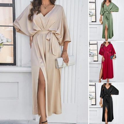 Women's V Neck Satin Dresses Short Sleeves Slit A Line Long Formal Dress Party Gowns