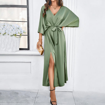 Women's V Neck Satin Dresses Short Sleeves Slit A Line Long Formal Dress Party Gowns