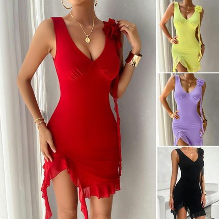 Women's Sleeveless Bodycon Dress Sexy Deep V Neck Ruffled Summer Mini Dress