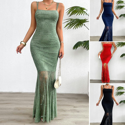 Women's Summer Floral Lace Spaghetti Strap Sexy Sleeveless Backless Bodycon Maxi Dress