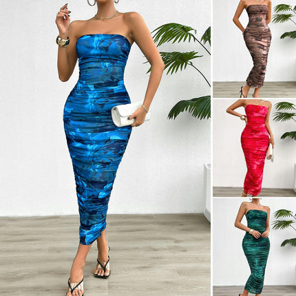 Women's Summer Tie Dye Strapeless Tube Dress Ruched Bodycon Maxi Dress