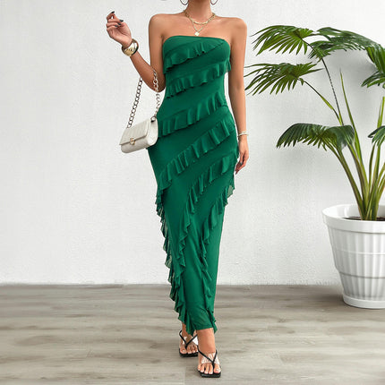 Women Summer Elegant Strapless Bodycon Maxi Dress Ruffled Cocktail Tube Top Dresses