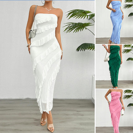 Women Summer Elegant Strapless Bodycon Maxi Dress Ruffled Cocktail Tube Top Dresses