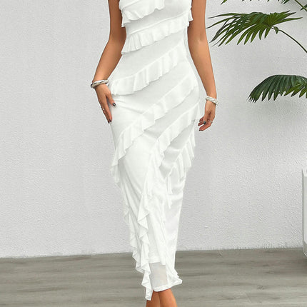 Women Summer Elegant Strapless Bodycon Maxi Dress Ruffled Cocktail Tube Top Dresses