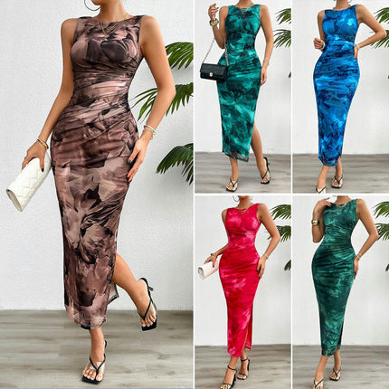 Women's Summer Mesh Tie Dye Crew Neck Sleeveless Dress Ruched Bodycon Split Maxi Dress