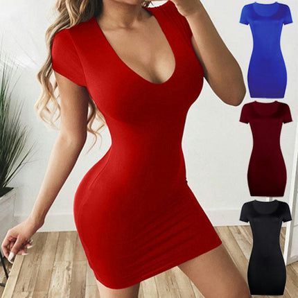 Women's Deep V Neck Short Sleeve Casual Mini Dresses Bodycon T Shirt Dress