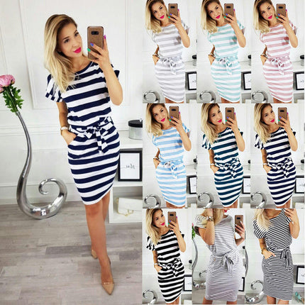 Women's Summer Short Sleeve Crewneck Striped Dress Tie Waist T Shirt Dresses