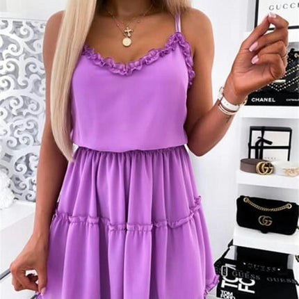 Women's V Neck Summer Sleeveless Dress Spaghetti Strap Elastic Waist Long Mini Dresses