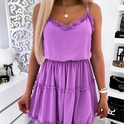 Women's V Neck Summer Sleeveless Dress Spaghetti Strap Elastic Waist Long Mini Dresses