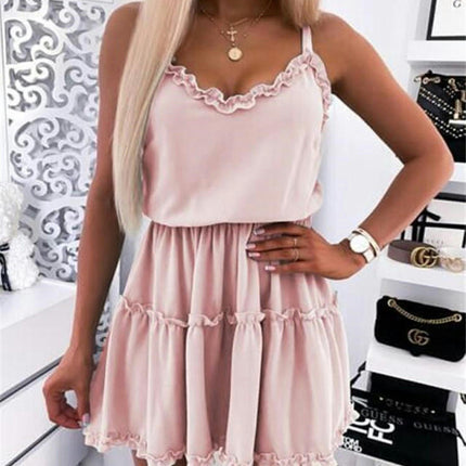 Women's V Neck Summer Sleeveless Dress Spaghetti Strap Elastic Waist Long Mini Dresses