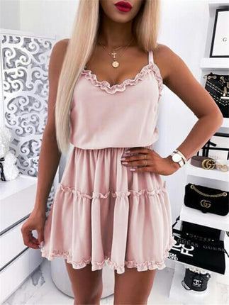 Women's V Neck Summer Sleeveless Dress Spaghetti Strap Elastic Waist Long Mini Dresses