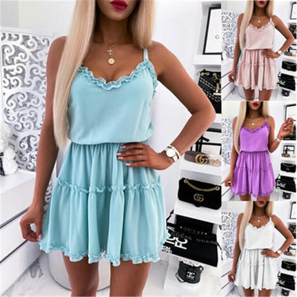 Women's V Neck Summer Sleeveless Dress Spaghetti Strap Elastic Waist Long Mini Dresses