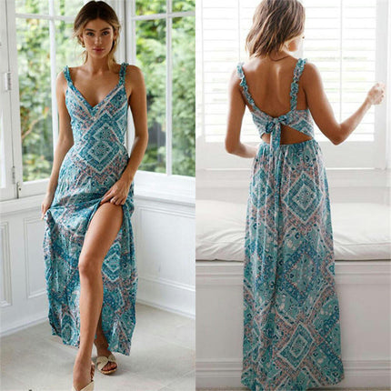 Women's Summer Dress Spaghetti Strap V Neck Sleeveless Backless Split Flowy Maxi Dresses