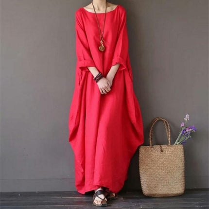 Women's Crew Neck Long Sleeves Solid Loose Long Maxi Dress Linen Caftan