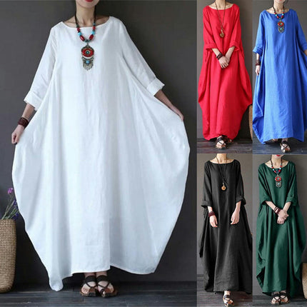 Women's Crew Neck Long Sleeves Solid Loose Long Maxi Dress Linen Caftan