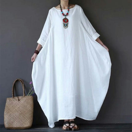 Women's Crew Neck Long Sleeves Solid Loose Long Maxi Dress Linen Caftan