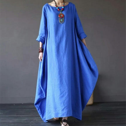 Women's Crew Neck Long Sleeves Solid Loose Long Maxi Dress Linen Caftan