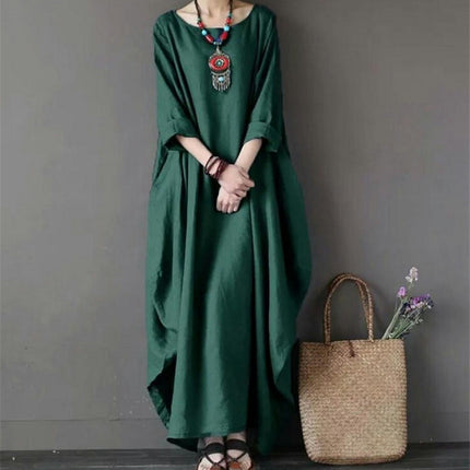 Women's Crew Neck Long Sleeves Solid Loose Long Maxi Dress Linen Caftan